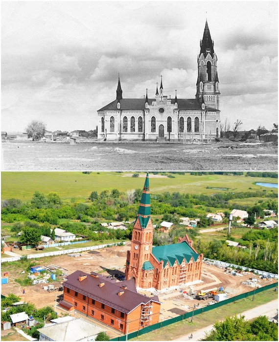 Лютеранская церковь Иисуса Христа в Зоркино в начале XX века и после реставрации 2013 года (Саратовская область).