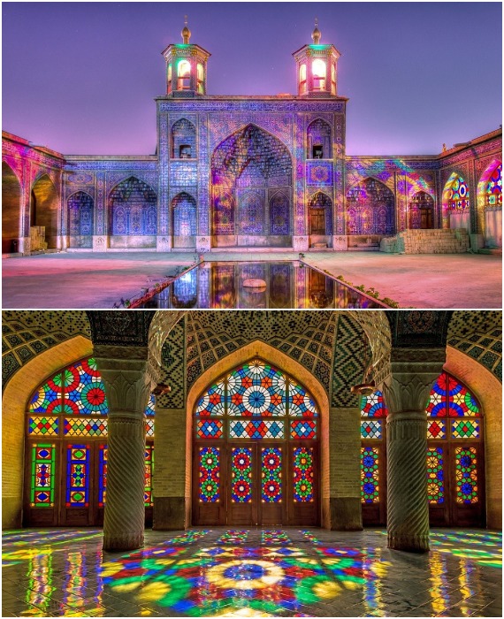 Витражи мечети Насир аль-Мульк создают умопомрачительную красоту не только внутри помещений, при внутреннем освещении фасад преображается до неузнаваемости (Ширазе, Иран).