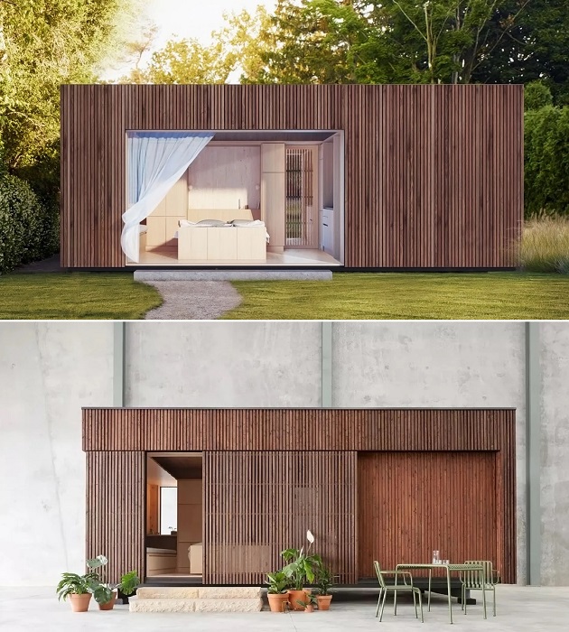 Minima – модуль площадью 20 кв. метров, разработанный как гибкая конструкция для использования в качестве отдельного жилого дома (Minima от TRIAS).