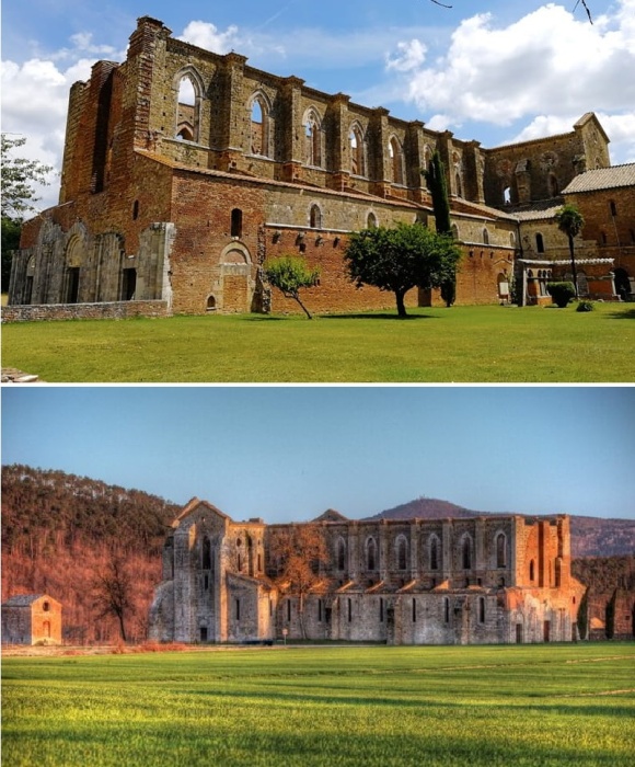 На месте, где Гальгано построил скит, был возведен монастырь в готическом стиле (Abbazia di San Galgano, Италия).