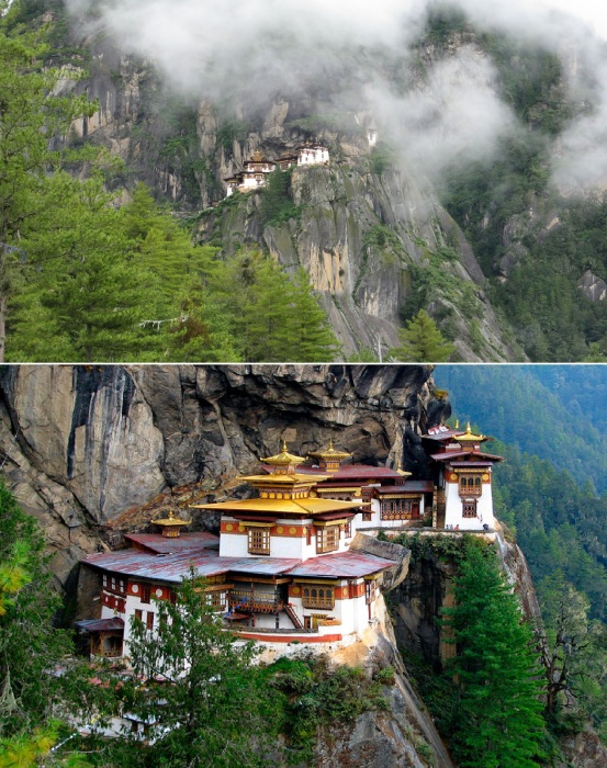 Легенда о гуру Падмасамбхаве придала неприступным скалам ореол святости, привлекая паломников еще до строительства монастыря (Такцанг-Лакханг, Бутан).