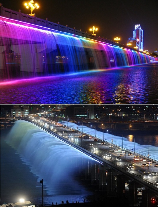 С какой стороны не посмотри, феерия цвета и масса запоминающихся впечатлений будут обеспечены (The Banpo Bridge, Сеул). 