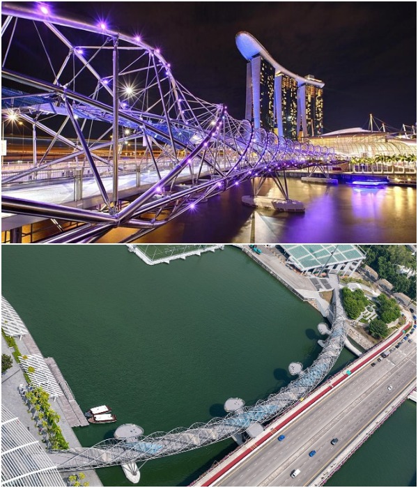 Извилистый мост длиной 280 метров, пересекающий реку Сингапур от центрального делового района города и набережной залива Марина Бей, стал эффектной альтернативой автомобильной переправе (Helix Bridge, Сингапур). 