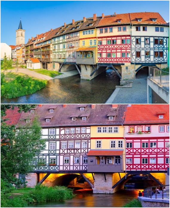 Торговый мост Кремербрюке, построенный в 1325 году, является фундаментом для 32 жилых фахверковых домов и различных магазинчиков (Эрфурт, Германия). 