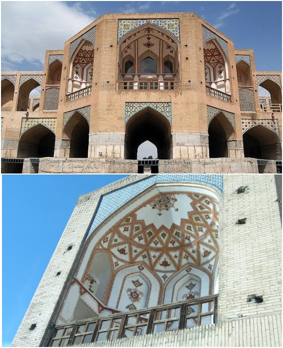 Королевский павильон, щедро украшенный позолоченной росписью и красочной керамической плиткой (Khaju Bridge, Исфахан).