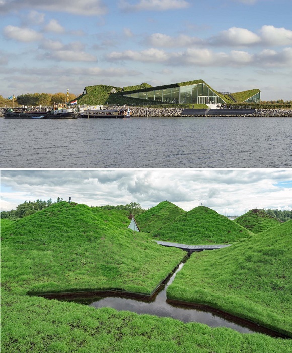 Новое крыло Музея в национальном парке Веркендама больше похоже на зеленые холмы (Нидерланды).