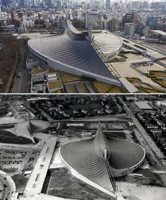 Спроектированная Кензо Танге и построенный менее чем за два года, спортивная арена стала не только местом проведения летних Олимпийских игр 1964, но и показала, что такого масштаба сооружения тоже могут иметь фантастические формы (Токио, Япония). 