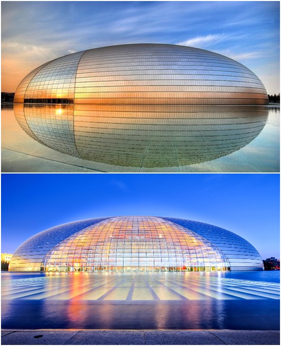 Фантастический объект из стекла и стали, отражаемый в водах искусственного озера, спроектировал французский архитектор Пол Эндрю (Национальный центр исполнительских искусств, Пекин).