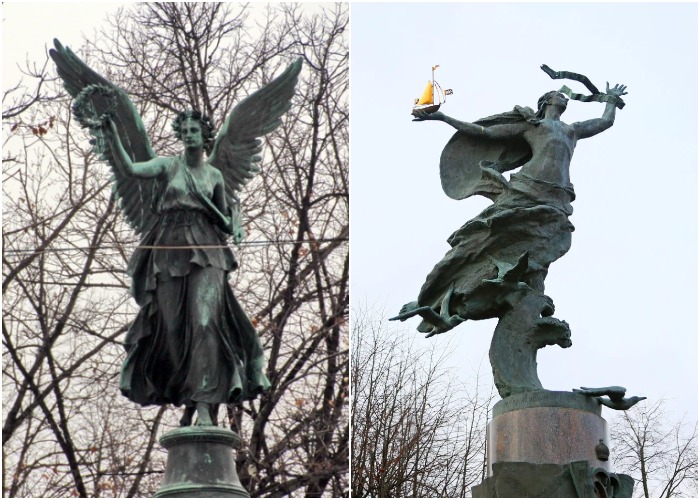 Одна из скульптур богини Ники на колонне Славы и «Морская Ника» у «Домика Петра» (Санкт-Петербург).