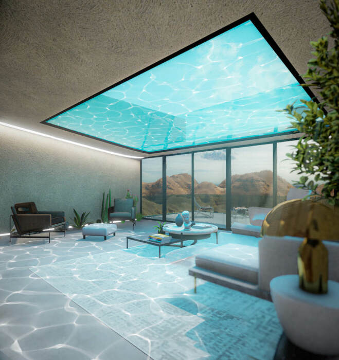 В помещениях, расположенных под бассейном, блики воды помогут создать динамичный дизайн (концепт Oasis House). | Фото: mymodernmet.com.