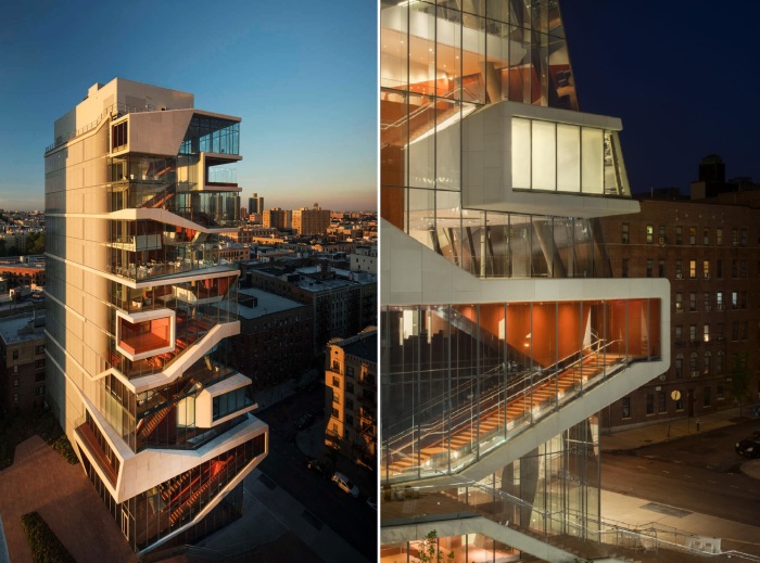 Каскадные выступы не просто украшают фасад здания, они являются вполне функциональными лестничными пролетами, террасами и балконами (Roy and Diana Vagelos Education Center,Нью-Йорк).