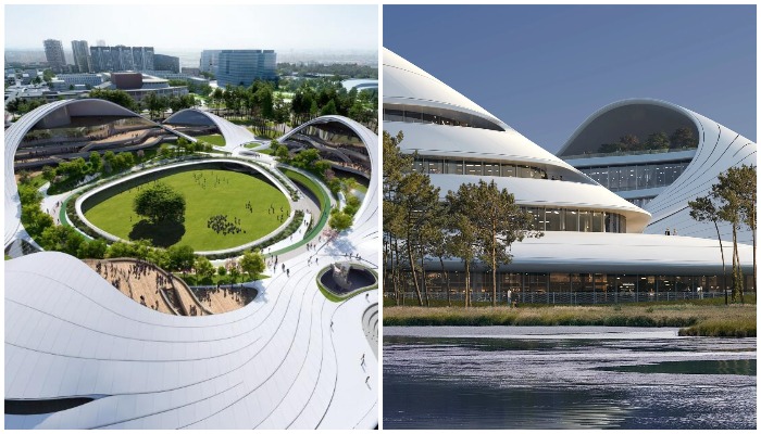 Извилистые линии крыш вдохновлены руслом реки, протекающей радом с Центральным городским парком (визуализация Jiaxing Civic Center).