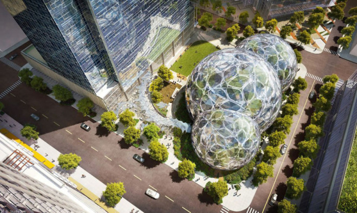 Офис компании Amazon может похвастаться настоящим тропическим садов внутри помещения (Сиэтле, США). | Фото: headquartersoffice.com.