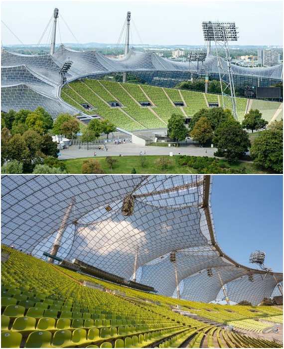 Навесы над трибунами, выполненные из высокопрочного акрилового стекла, поддерживаются надежными стальными тросами, имитирующими плетение паутины (Олимпийский стадион, Мюнхен).