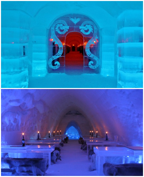 В ледяном отеле Sorrisniva имеется еще и ледяная галерея, и ледяная часовня, и ледяной ресторан (Sorrisniva Igloo Hotel, Норвегия).