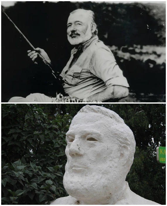 Сравнивая фото можно с уверенностью сказать, что автор скульптуры вдохновлялся образом Эрнеста Хемингуэя, даже если и не ему посвящал свое творение (Сасово, Рязанская область). 