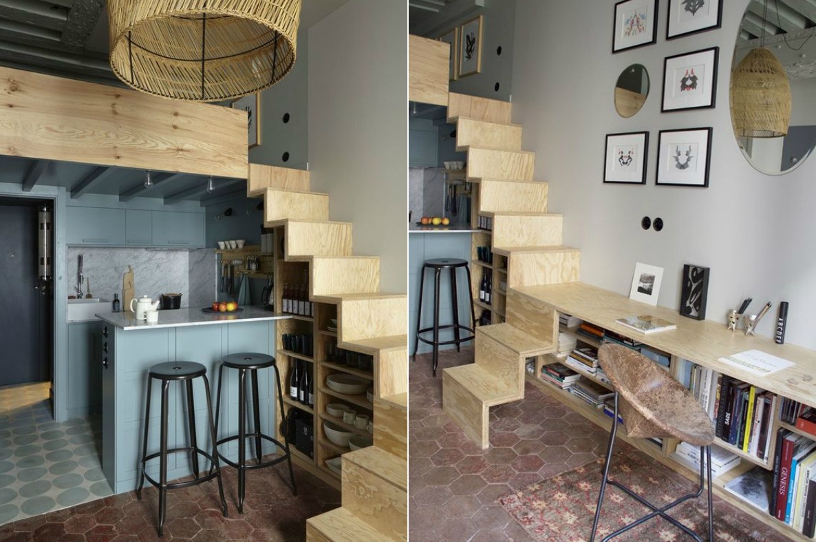 Функциональная лестница стала продолжением книжного стеллажа (Blue Streak, Париж).