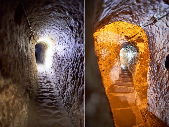 Множество коридоров, галерей и переходов вырублено по всей территории подземного города, нижний уровень которого находится на глубине 85 метров (Деринкую, Каппадокия).