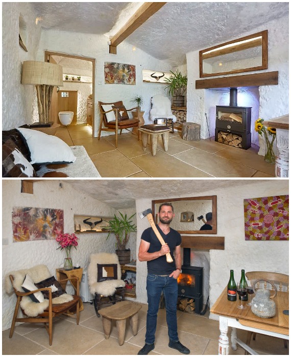 Анджело Мастропьетро в гостиной демонстрирует топор, с помощью которого рубил полтора года камень (Rockhouse Retreat, Великобритания).