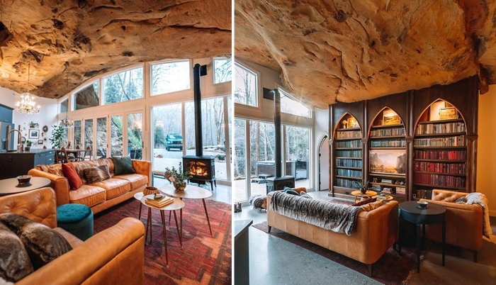 Уютная гостиная со встроенным книжным шкафом (Dunlap Hollow Cave). Уютная гостиная со встроенным книжным шкафом (Dunlap Hollow Cave).