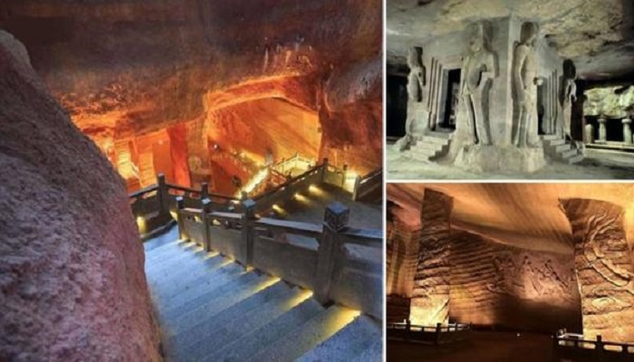 Рукотворные гроты Лонгъю, богато украшенные резьбой, представляют собой одну из крупнейших подземных пещерных систем древних времен (Шиян Бэйцунь, Китай).