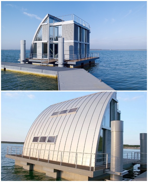 Конструкция плавучего дома Steeltec37, напоминающего парус, состоит из легкого стального каркаса и стекла (Германия).