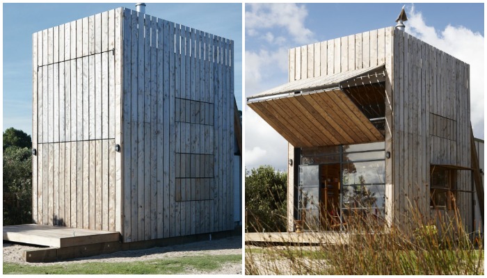 На пустынном побережье полуострова Коромандел появился мобильный пляжный домик, меняющий свою конфигурацию (The Hut on Sleds, Новая Зеландия).
