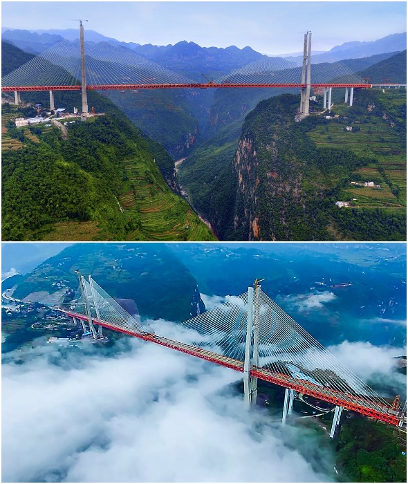 Выше облаков: в провинции можно на автомобиле прокатиться по самому высокому подвесному мосту мира (Beipanjiang bridge).
