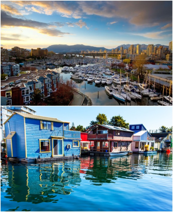 Все пристани и заливы Ванкувера заполнены яхтами, хаусботами и плавучими домами (Канада).