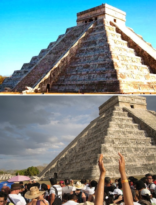 В день весеннего равноденствия создается иллюзия, что гигантский змей ползет по одной из лестниц пирамиды (Templo de Kukulkan, Мексика).