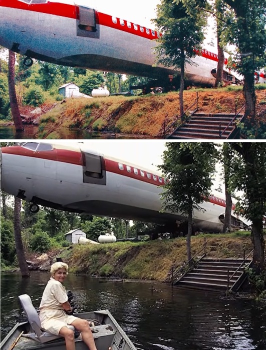 Авиалайнер Boeing 727 установили так, чтобы передняя его часть нависала над водной гладью (Боливар, США).