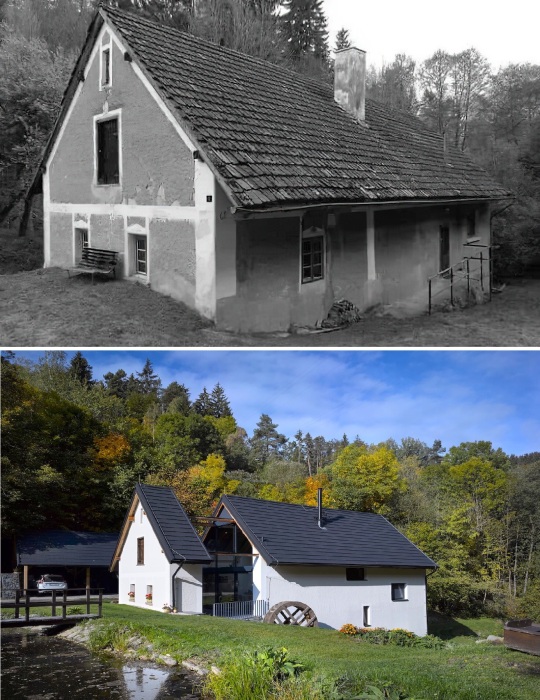 Даже полуразвалившаяся заброшенная мельница может превратиться в роскошный современный дом для отдыха (реновация, Центральная Чехия).