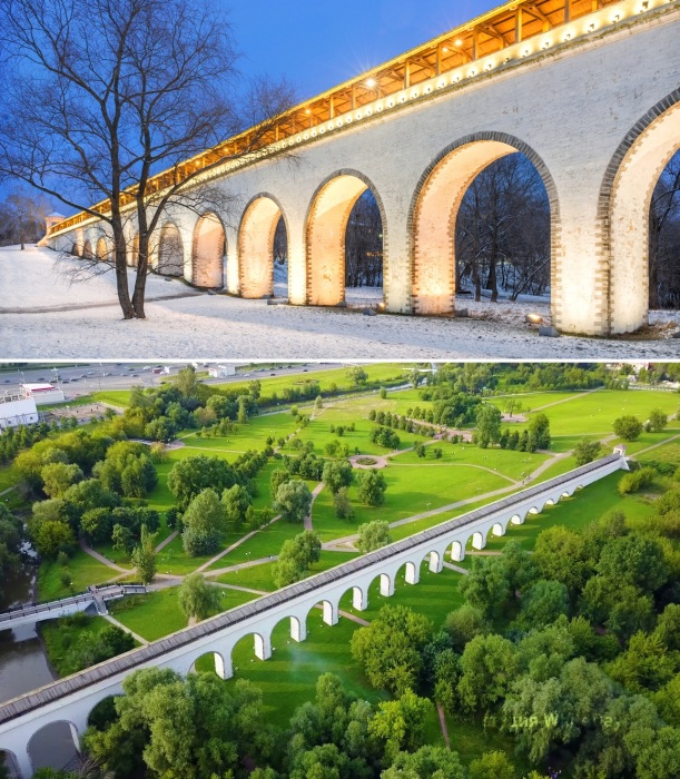 Акведук длиной в 356 метров в свое время был самым масштабным сооружением, на строительство которого ушло более 1 миллиона рублей (Миллионный мост, Москва).
