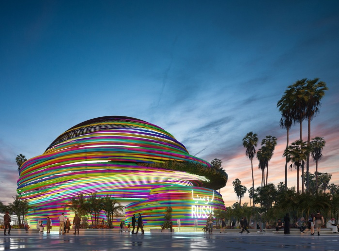 Всего 6 оттенков при продуманном переплетении «нитей» создают иллюзию фейерверка цветов (Dubai Expo 2020). | Фото: mymodernmet.com.