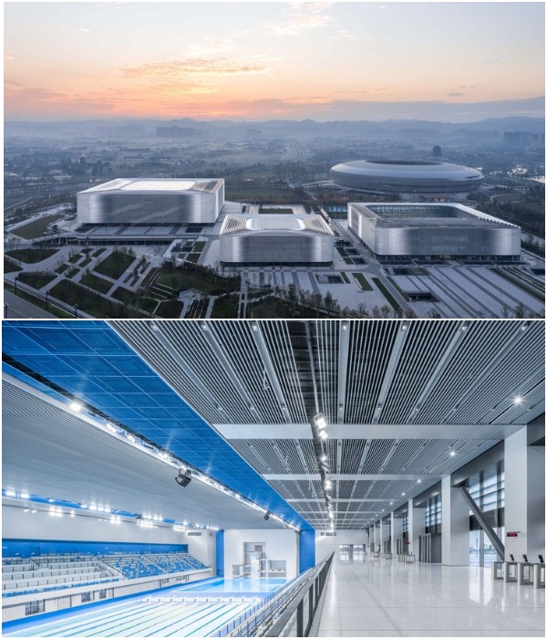 Два куба представляют собой многофункциональное пространство, большую часть которых занимают крытые бассейны (Sports Center by Chengdy, Китай).