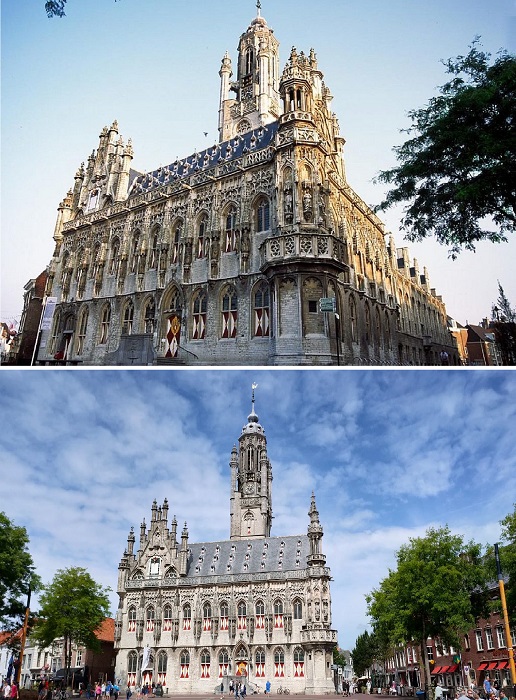 Ратуша с ее башенками, красными и белыми ставнями и готическими окнами – впечатляющий образец готической архитектуры (Stadhuis Middelburg, Нидерланды).