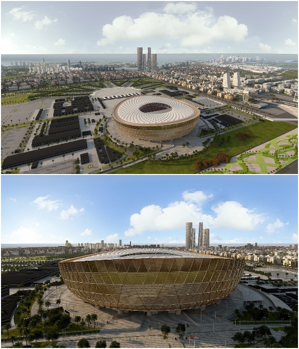  Дизайн золотой арены отсылает к арабской архитектуре, а также к «замысловатым деталям чаш», которые создавались на Ближнем Востоке на протяжении веков (Lusail , Катар).