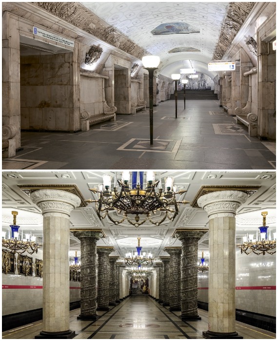 Обилие мрамора и декора из дорогих материалов особенно заметно по оформлению вестибюлей станций метро и интерьеров правительственных/государственных учреждений.