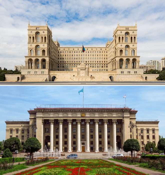 Дома правительств Азербайджана и Казахстана также построены в стиле ампир, только с национальным колоритом.