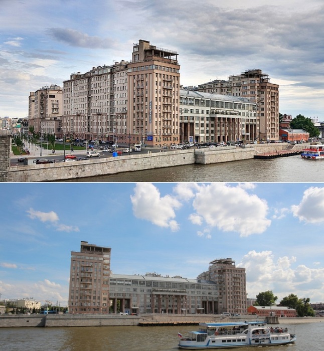 Дом Совнаркома СССР, в котором еще угадываются конструктивистские формы, но оформление уже соответствует ампиру.