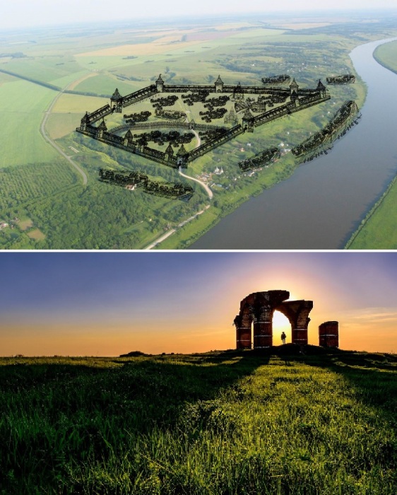 Цифровая реконструкция и остатки городища, обнаруженного выше по течению реки от Переяславль-Рязанского. 