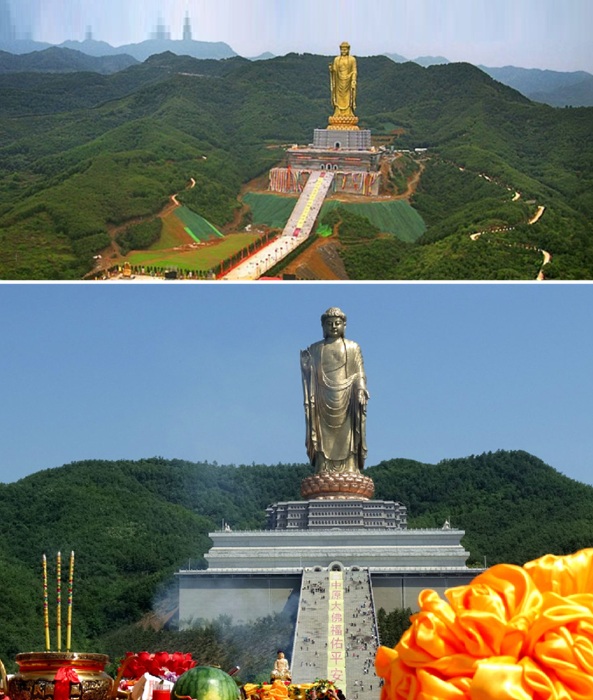 Статуя Будды Весеннего Храма возвышается среди облаков (Китай).