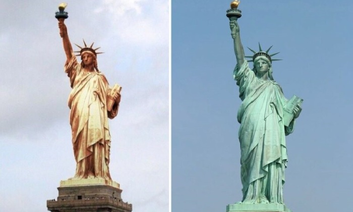 Статуя Свободы приобрела свой культовый цвет благодаря оболочке, сделанной из меди (Нью-Йорк, США).