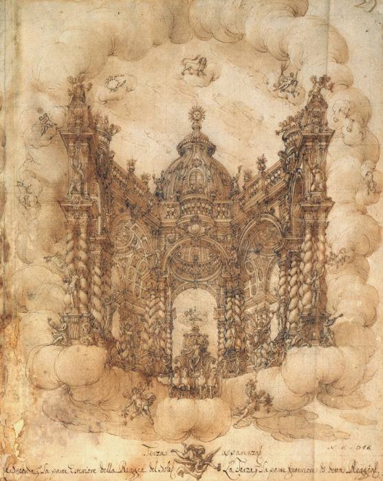 Так Франческо Галли Бибиен представлял Дворец Солнца, навеянный Откровениями Иоанна Богослова (рисунок 1717 год). | Фото: arzamas.academy.