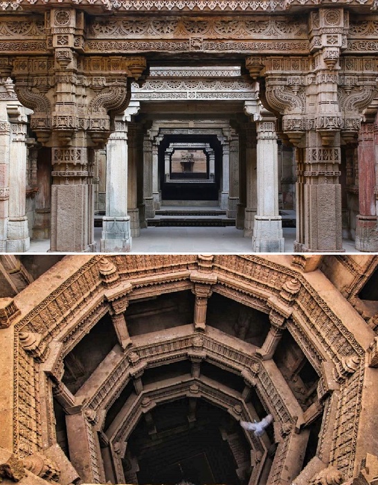 Величественная аркада приведет к ступенчатому колодцу Адалаж Вав (штат Гуджарат, Индия).