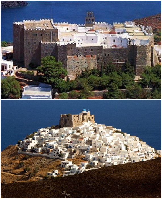 Монастырский комплекс Святого Иоанна Богослова на острове Патмос окружает деревня Хора (Греция).
