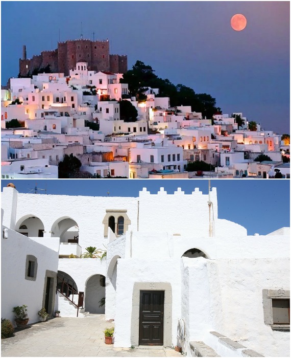 Белоснежные дома в деревне Хора подчеркивают величие монументального сооружения, расположенного на холме (остров Патмос, Греция).