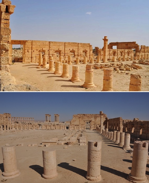 Торговая площадь окружена колоннами, которые в былые времена украшали скульптуры видных деятелей и правителей Пальмиры (Сирия).