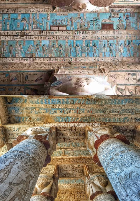 Остатки Temple of Hathor поражают величием колонн, темными лабиринтами, подземными склепами, извилистыми лестницами, на которых вырезаны тайные письмена (Дендер, Египет).