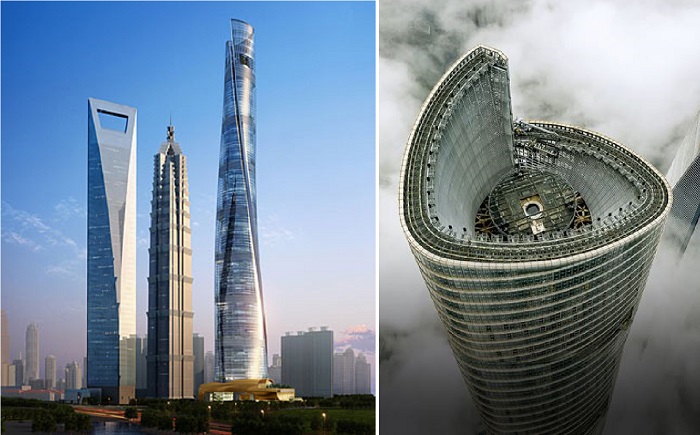 Витой небоскреб The Shanghai Tower вместе с другими башнями образует сверхвысокий архитектурный ансамбль на планете (Шанхай, Китай). 